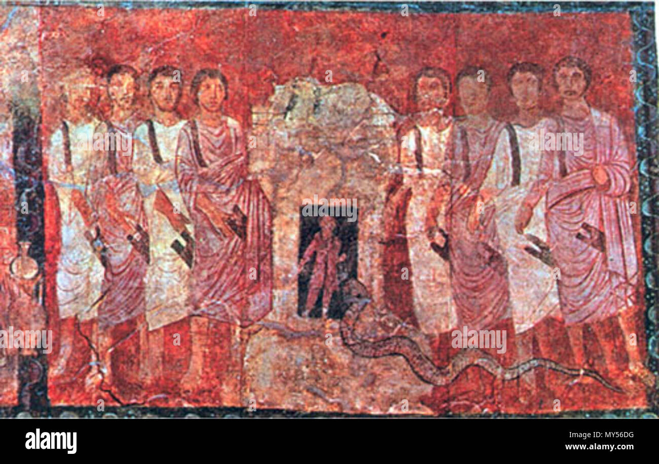 . English: Elijah’s challenge of “the 450 prophets of Baal and the 400 prophets of Asherah who eat at Jezebel’s table” (1 Kings 18:19) is depicted in two scenes on the walls of the third-century C.E. synagogue at Dura-Europos in modern Syria. Medieval. Unknown 158 Elijah challenging the prophets of Baal Stock Photo