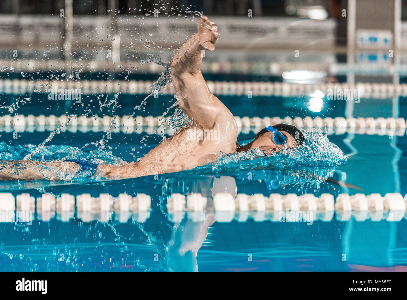 young male professional swimmer in competition swimming pool Stock ...