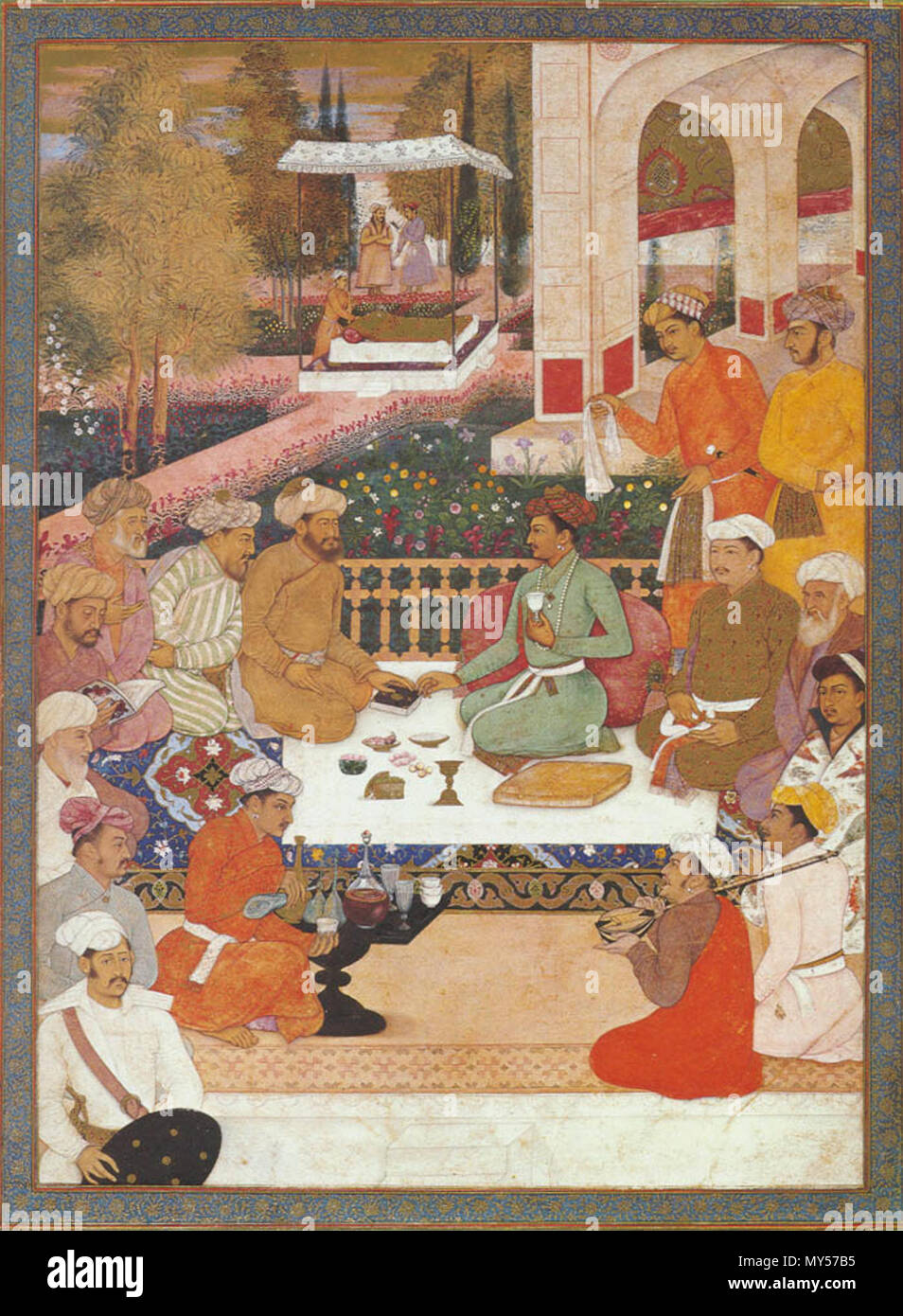 . English: Dara Shukoh with philosophers, painted by Bichitr Source: Imperial Mughal Painting, by Stuart Cary Welch (New York: George Braziller, 1978), p. 111; scan by FWP, Sept. 2001 'To prevent a repetition of his own and his father's rebellions against imperial parents, the emperor kept Dara close to the throne. In consequence, he was able to pursue artistic and theological interests. Like Akbar, he was fascinated by Hinduism and he translated Hindu texts, discoursed with holy men, and may well have been the patron of portraits of them.... Bichitr painted the prince with learned and talente Stock Photo