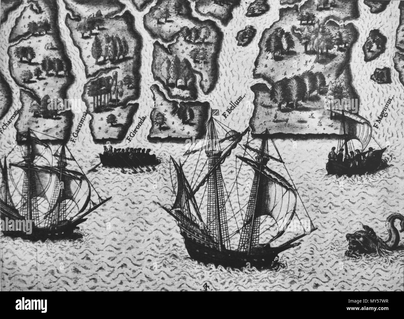 . English: Exploration of Florida by Ribault and Laudonniere 1564 by Le Moyne de Morgues. 16th century. Le Moyne de Morgues 173 Exploration of Florida by Ribault and Laudonniere 1564 by Le Moyne de Morgues Stock Photo