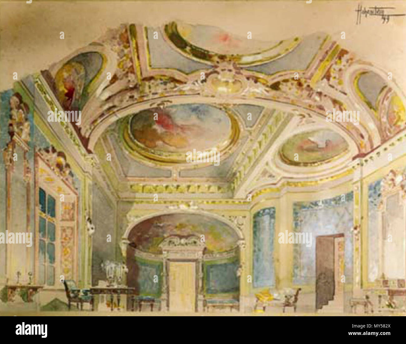 English: Set design for Act 2 of Puccini's opera Tosca (Palazzo Farnese) .  1900. Adolf Hohenstein (1854-1928) 483 Set by Hohenstein for Act 2 of Tosca  1900 Stock Photo - Alamy