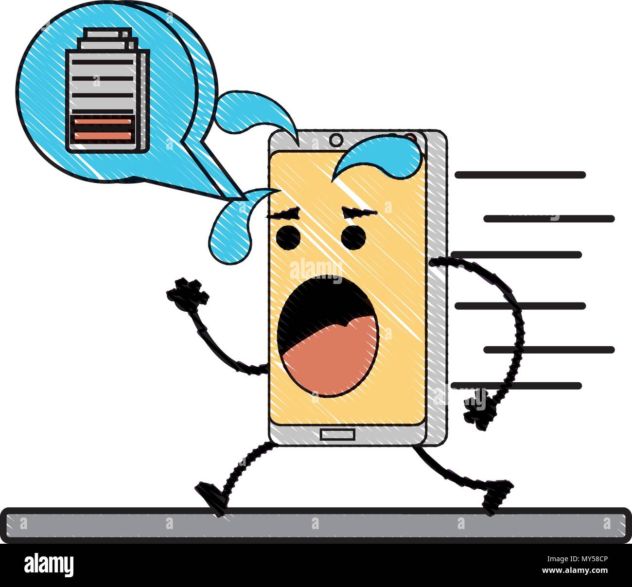 Cartoon smartphone running for low battery over white background