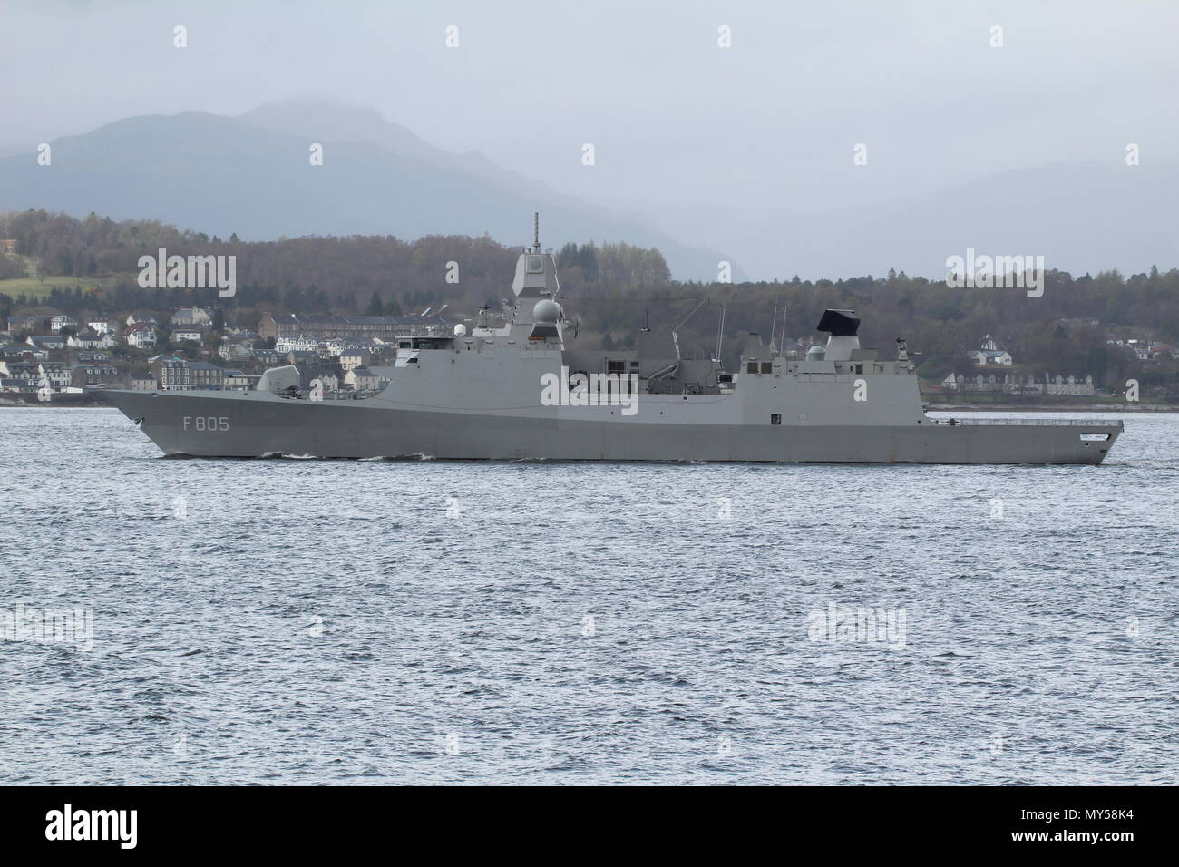 HNLMS Evertsen (F805), a De Zeven Provincien-class frigate operated by the Dutch Navy, passing Gourock at the start of Exercise Joint Warrior 18-1. Stock Photo