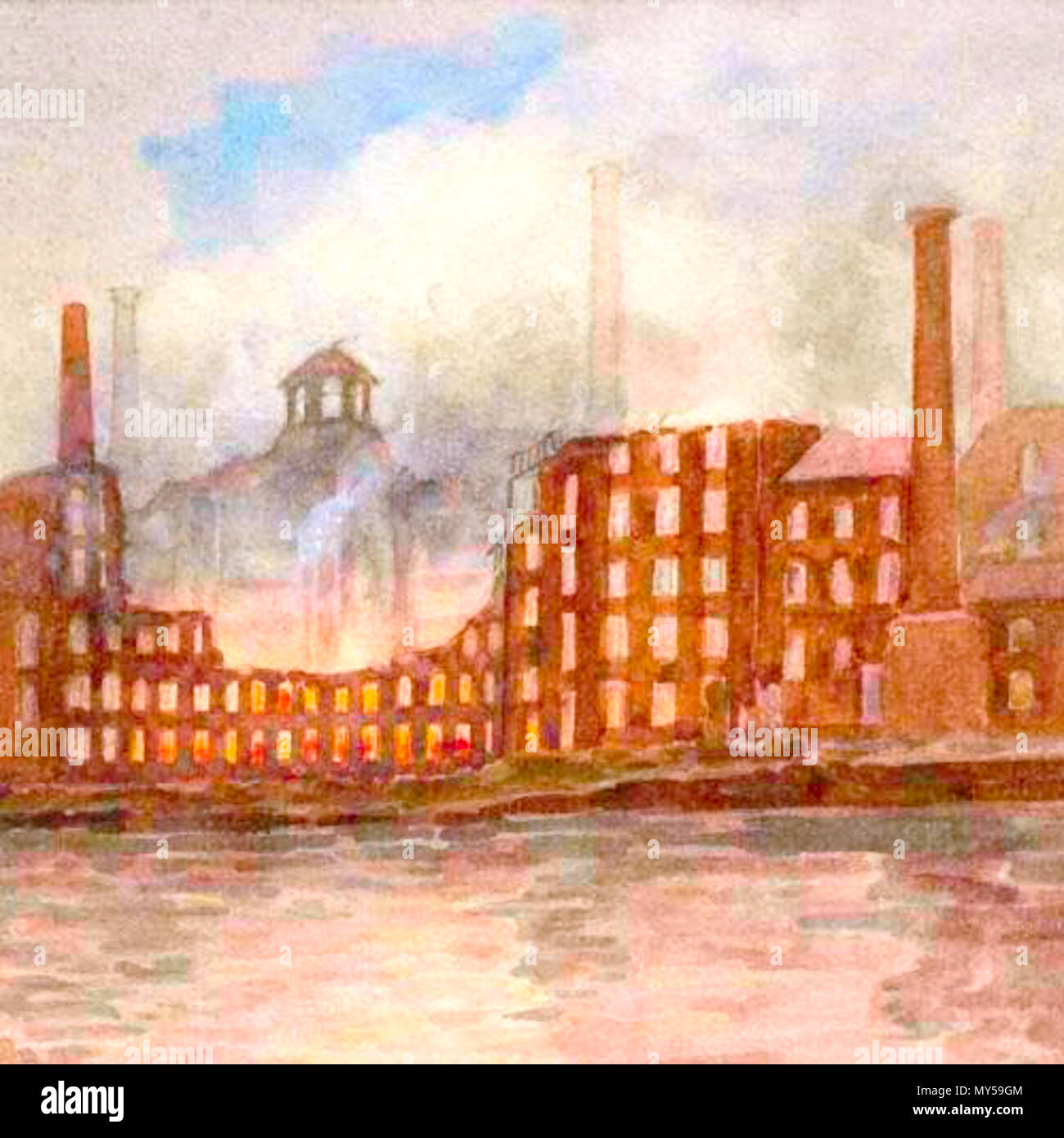 . The Silk Mill during the fire of 1910 . English The Silk Mill during