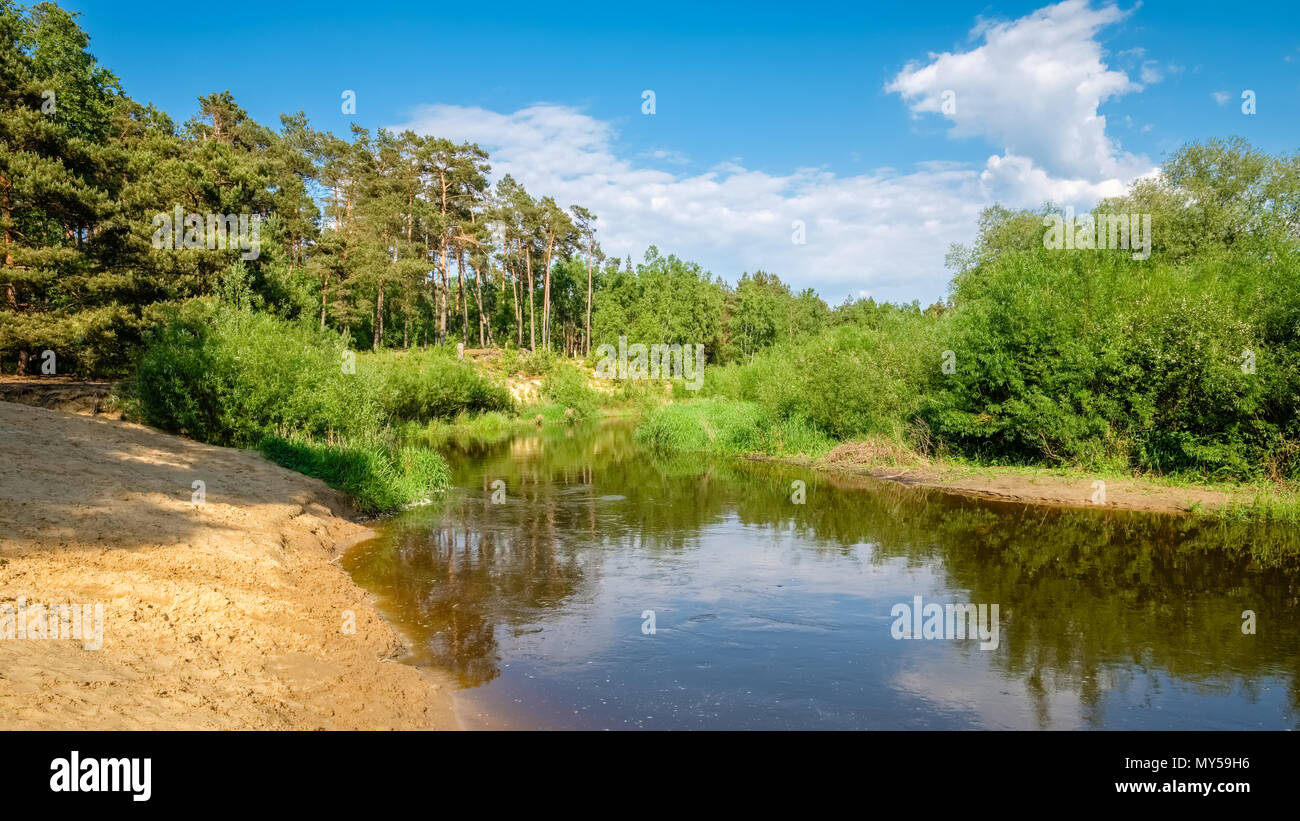 Typical Dutch landscape of 't Lutterzand, a forest area near the German border and a geological monument. It is characterised by the river The Dinkel. Stock Photo