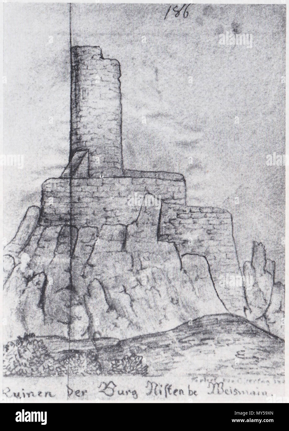 . Deutsch: Zeichnung der Burgruine Niesten von Thomas Ostertag . 1840. Thomas Ostertag 91 Burgstall Niesten05 Stock Photo