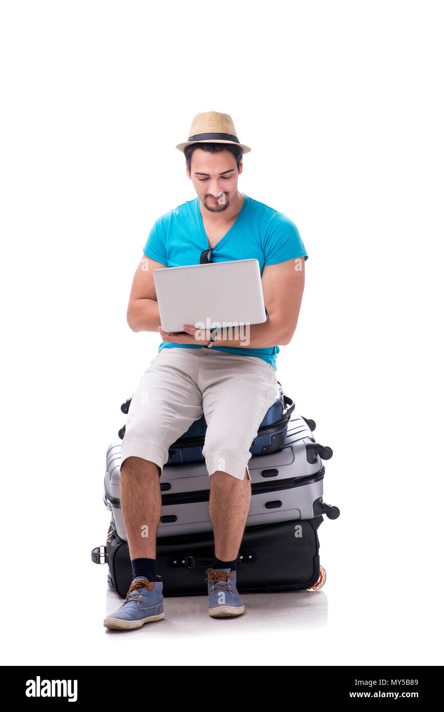 Freelancer working on the go isolated on white Stock Photo