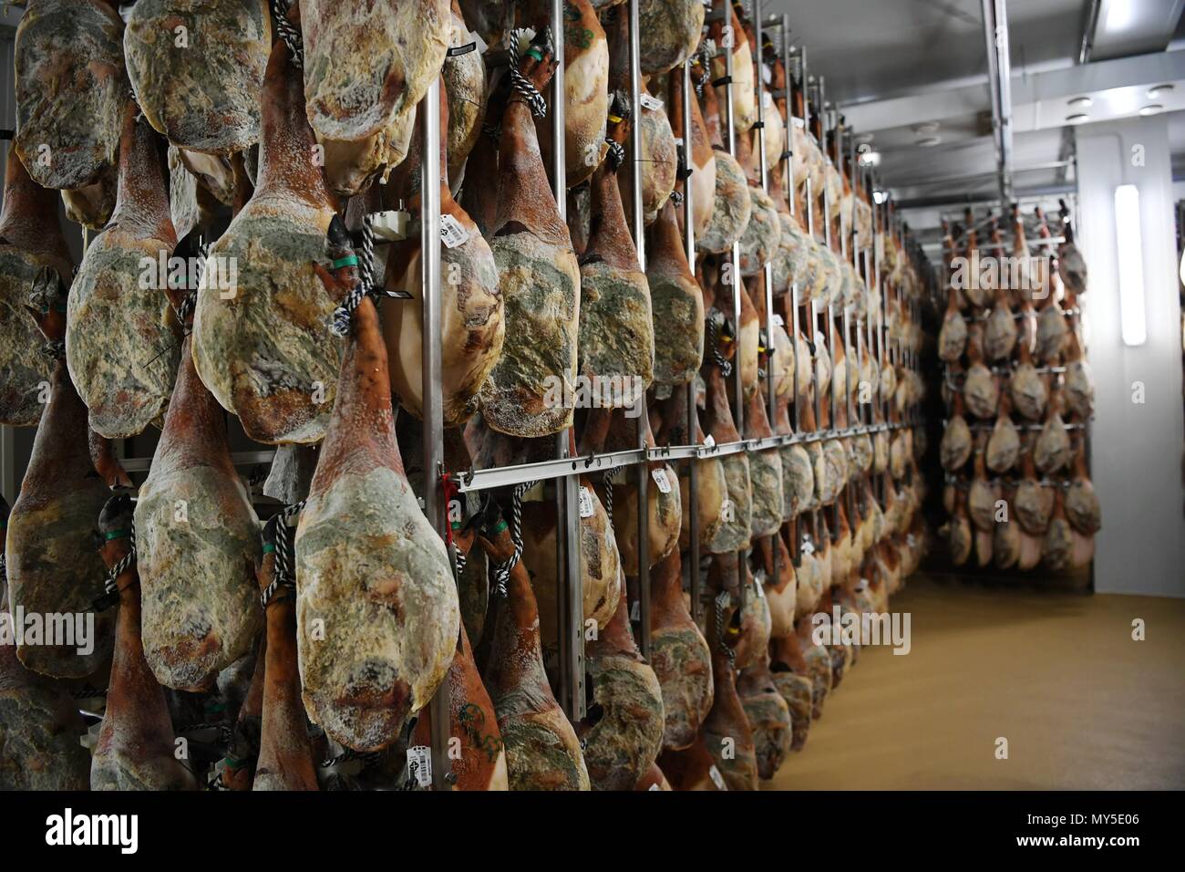 Madrid, Spain. 31st May, 2018. Salted pig legs are hung in a ...