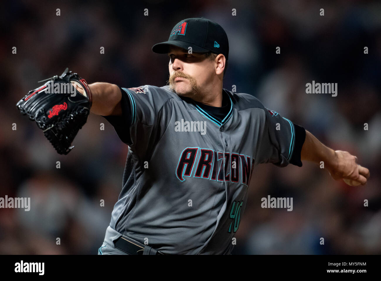 San Francisco, California, USA. 05th June, 2018. Arizona Diamondbacks  relief pitcher Andrew Chafin (40) delivers in the seventh inning, during a  MLB game between the Arizona Diamondbacks and the San Francisco Giants
