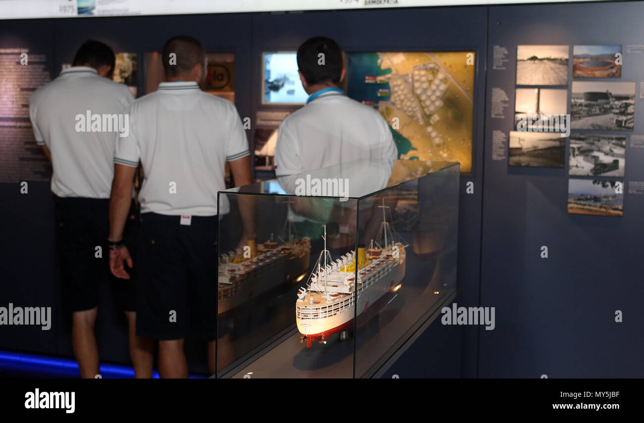 Athens, Greece. 5th June, 2018. People look at the exhibition in 'Neraida' Floating Museum in Piraeus, Greece, on June 5, 2018. 'Neraida', the only seaworthy floating museum in Greece, is berthed in Pireaus to participate in the Sea Days events. Credit: Marios Lolos/Xinhua/Alamy Live News Stock Photo