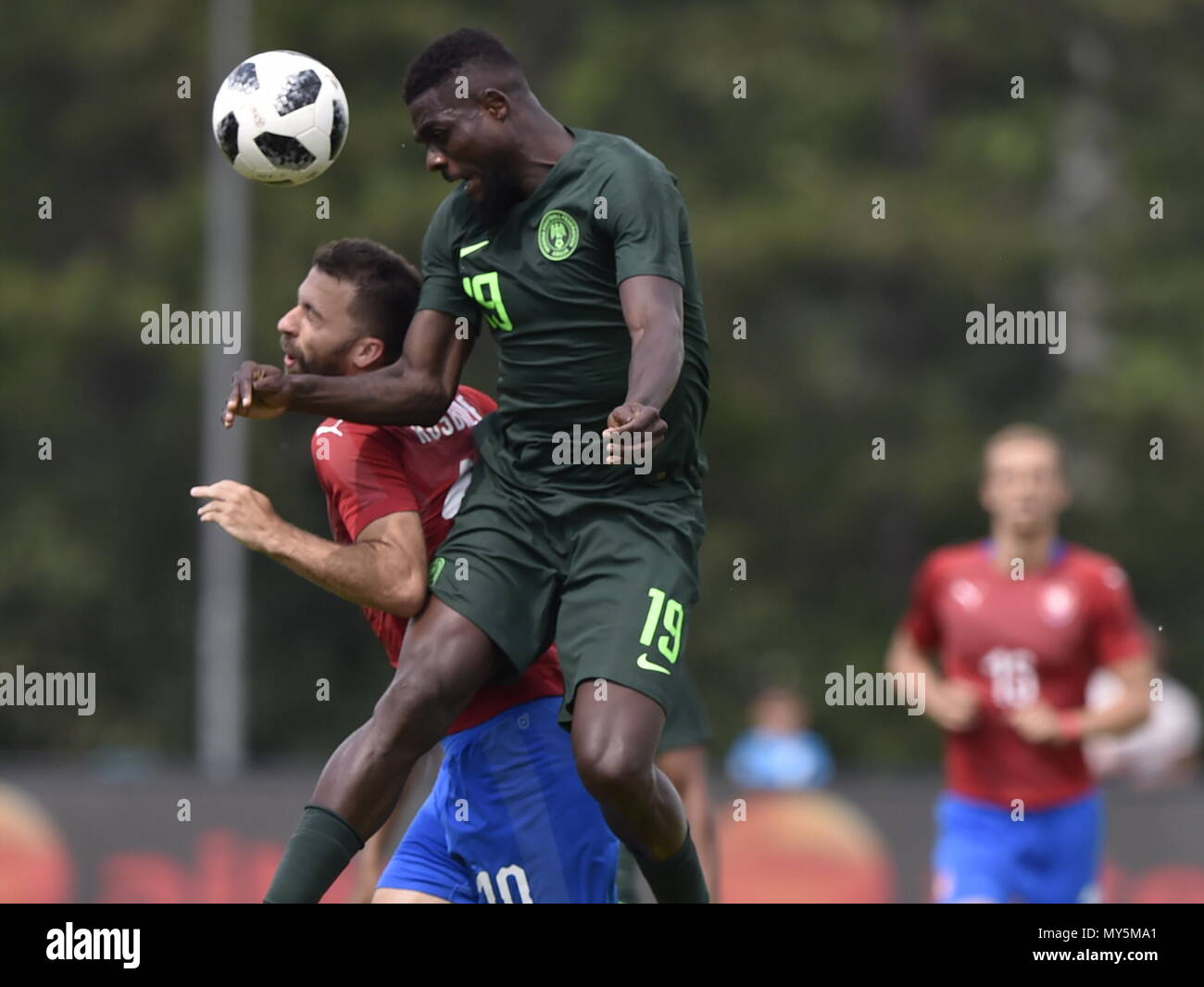 Schwechat, Austria. 06th June, 2018. L-R JOSEF HUSBAUER (CZE) and JOHN OGU (NGA) in action during the warm-up match Czech Republic vs Nigeria, in Schwechat, Austria, on June 6, 2018. Credit: Lubos Pavlicek/CTK Photo/Alamy Live News Stock Photo