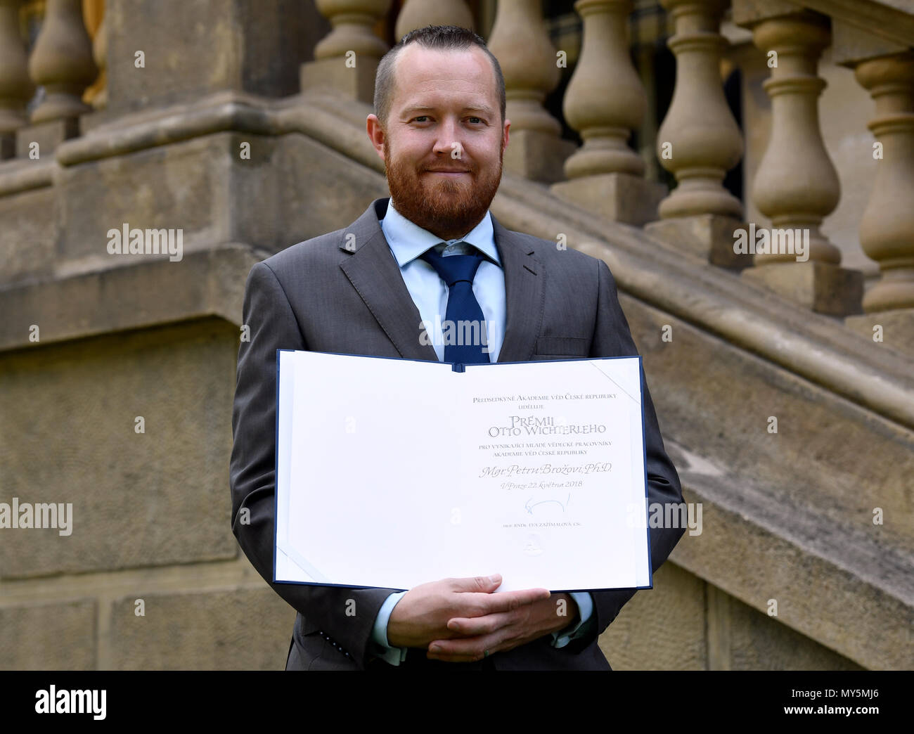 Prague, Czech Republic. 06th June, 2018. Annual Otto Wichterle prize  laureate Petr Broz poses after bestowing