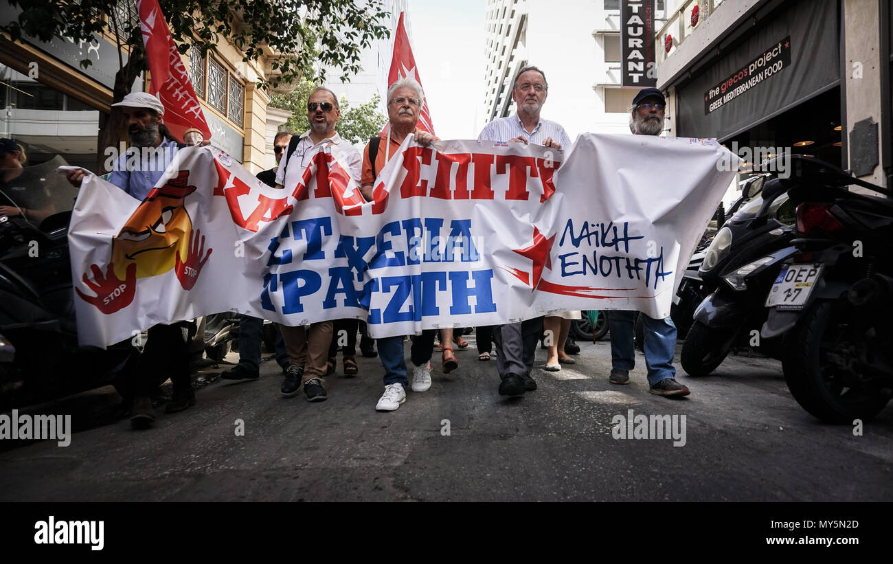 Athens, Greece. 6th June, 2018. Protesters gathered outside a notary office during a rally against electronic auction in Athens , 6 , June , 2018.   Auctions of foreclosed properties are part of austerity reforms under Greece's bailout deal with its lenders and are seen significant for banks Credit: Ioannis Alexopoulos/Alamy Live News Stock Photo