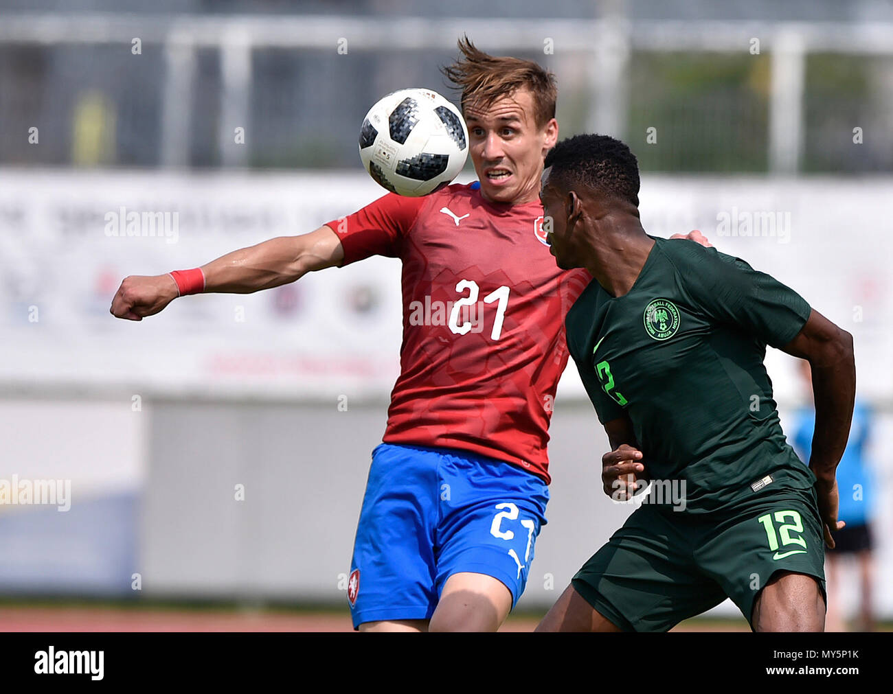L-R Josef Sural (CZE) and Shehu Abdullahi (NGA) in action during the warm-up match Czech Republic vs Nigeria, in Schwechat, Austria, on June 6, 2018. (CTK Photo/Lubos Pavlicek) Stock Photo