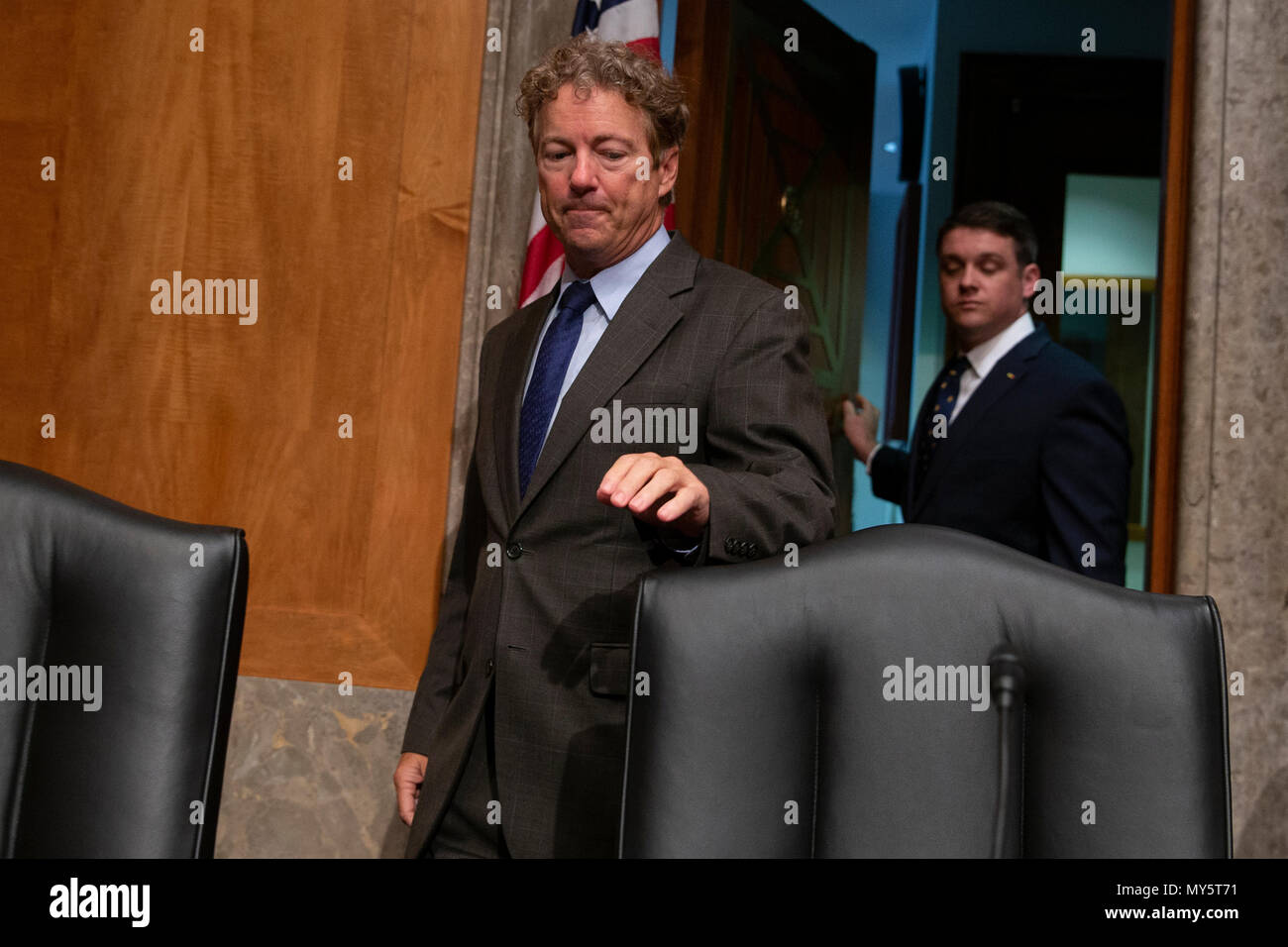 Washington, United States Of America. 06th June, 2018. United States Senator Rand Paul, Republican of Kentucky, enters the room prior to a United States Senate hearing on Presidential War Powers at the United States Capitol in Washington, DC on June 6, 2018. Credit: Alex Edelman/CNP | usage worldwide Credit: dpa/Alamy Live News Stock Photo