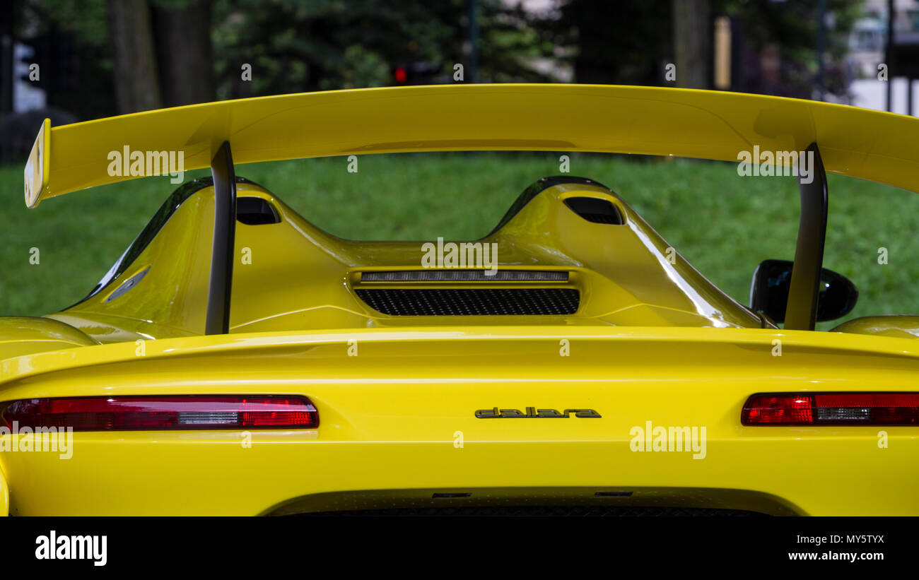 Torino, Italy. 6th June 2018. Detail of the spoiler on a yellow Dallara Stradale. 2018 edition of Parco Valentino car show hosts cars by many automobile manufacturers and car designers inside Valentino Park in Torino, Italy. Credit: Marco Destefanis/Alamy Live News Stock Photo