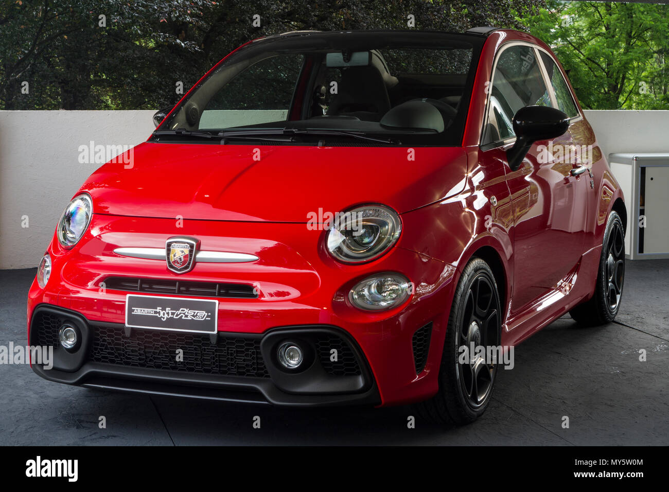Torino Italy 6th June 18 A Red Abarth 595 Pista 18 Edition Of Parco Valentino Car Torino Italy 6th June 18 A Red Abarth 595 Pista 18 Edition Of Parco Valentino Car