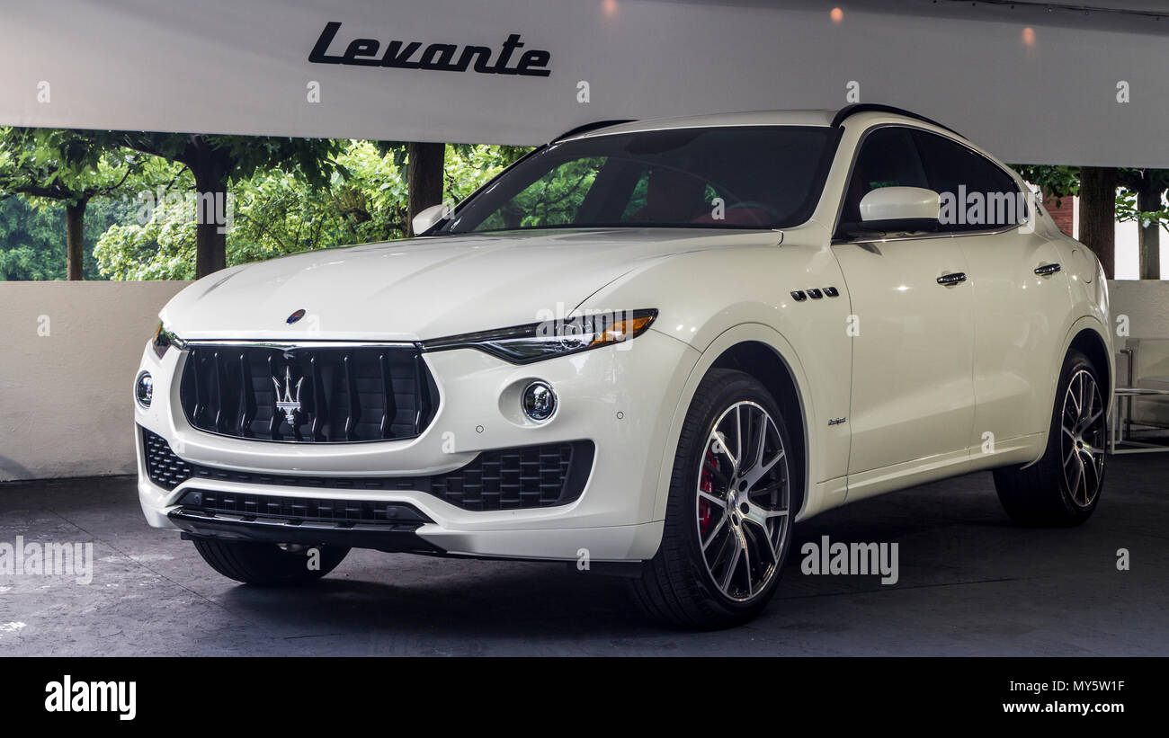Torino, Italy. 6th June 2018. Torino, Italy. 6th June 2018. A white Maserati Levante. 2018 edition of Parco Valentino car show hosts cars by many automobile manufacturers and car designers inside Valentino Park in Torino, Italy. Credit: Marco Destefanis/Alamy Live News Stock Photo