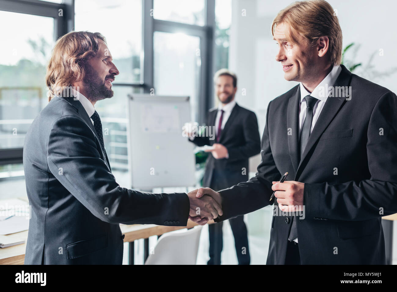 side view of smiling professional businessmen shaking hands in office ...