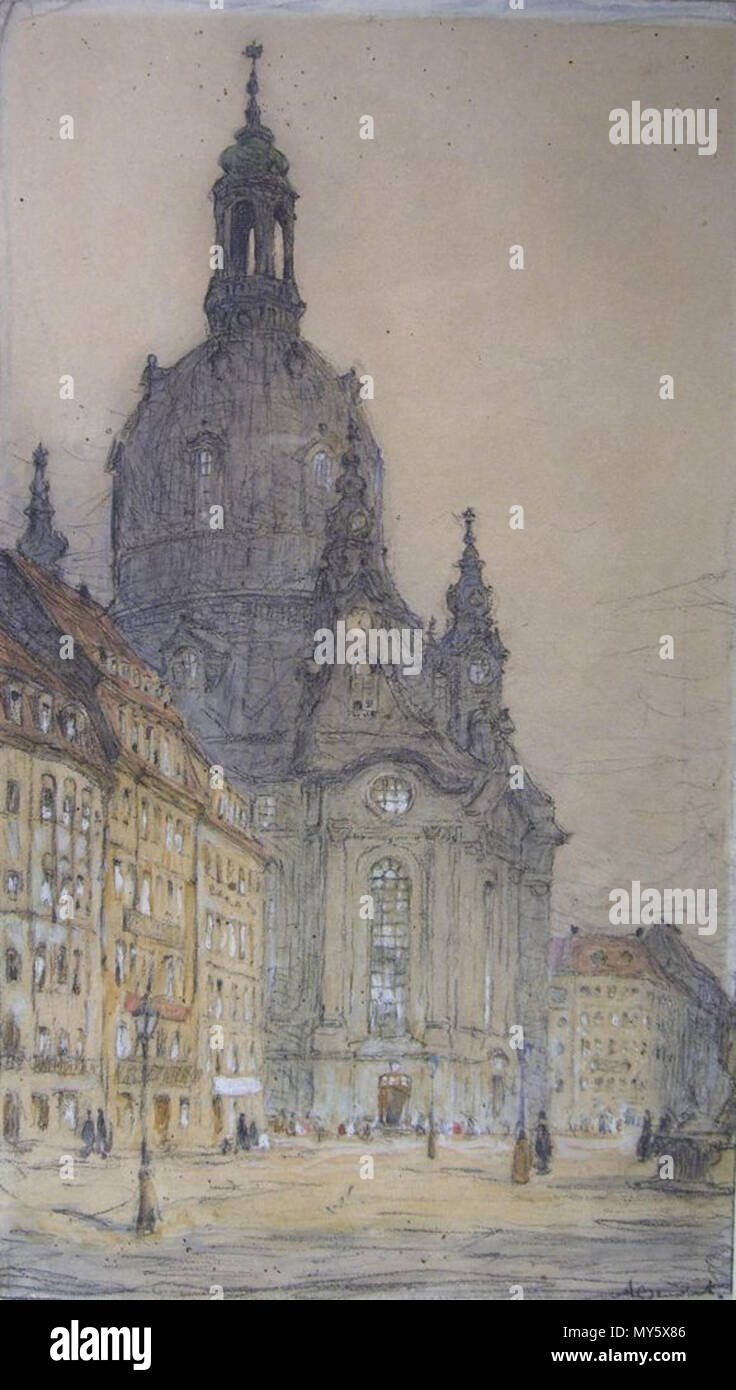 . Blick auf die Frauenkirche zu Dresden, Aquarell über Bleistift. 27,5 x 16 cm .  Deutsch: 19./20. Jh. English: 19th/20th century . Deutsch: Künstler unbekannt, undeutlich signiert English: unknown, illegible signature 189 Frauenkirche Dresden Aquarell Stock Photo