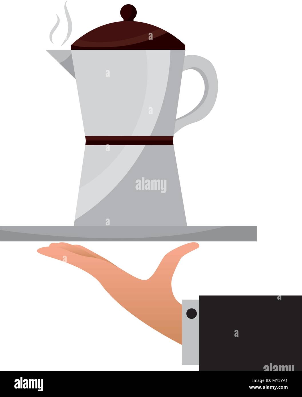 hand holding coffee maker on tray vector illustration Stock Vector