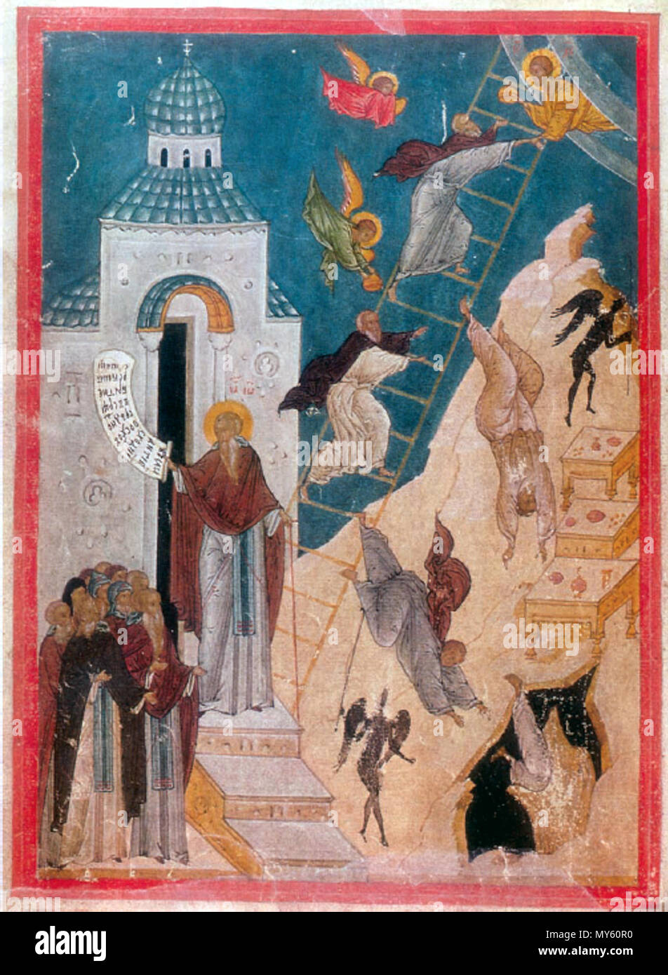 . The Ladder of Divine Ascent, a Russian miniature from the Russian State Library in Moscow . early 1500s. Anonymous 321 Lestvitsa Stock Photo
