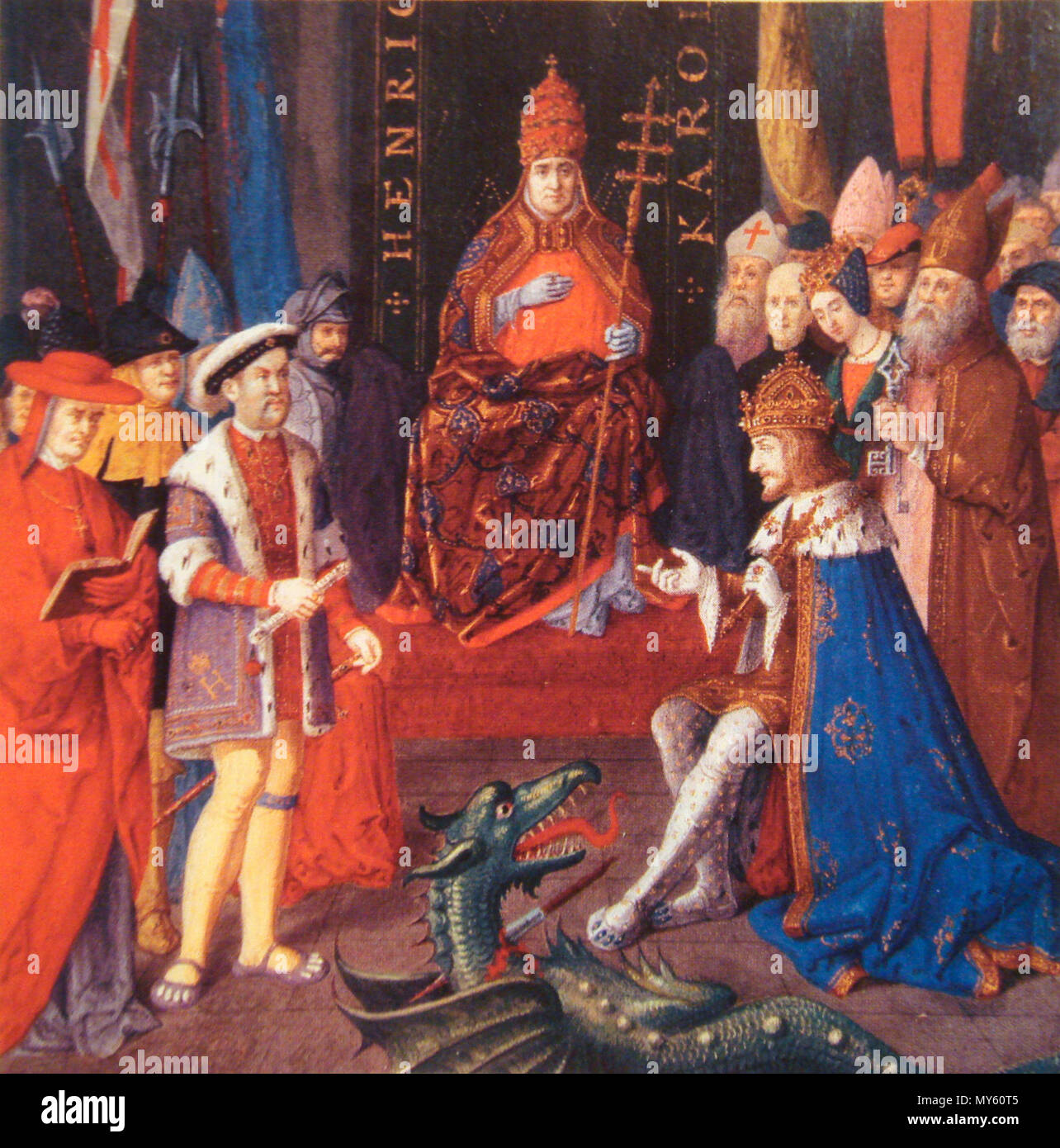 English: Henry VIII with Charles V and Pope Leon X circa 1520. Les vêtements  que portent les personanges sont anachroniques.. 16th century ?. 16th  century painter, anonymous 237 Henry VIII with