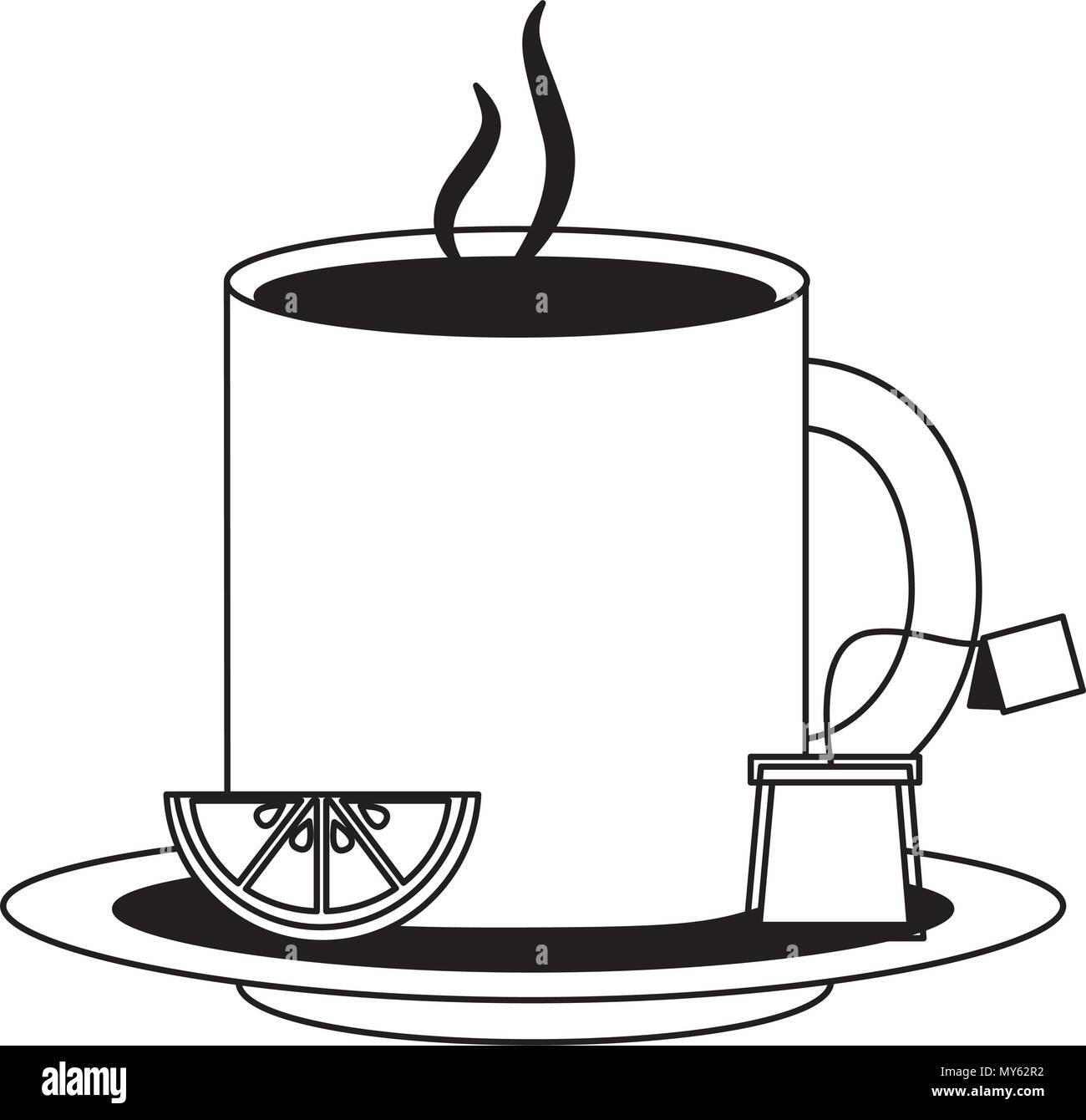 tea cup hot with leaves bag on dish vector illustration black and white black and white Stock