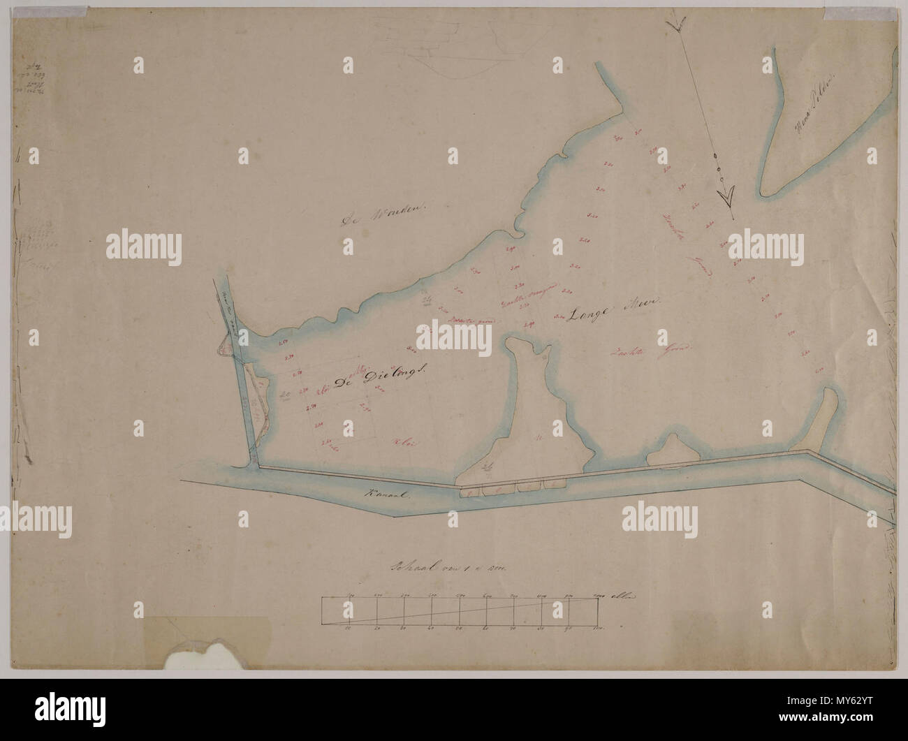 Alkmaardermeer 1850. Kaart van een gedeelte van het Alkmaarder- of Langemeer langs het Noordhollands Kanaal, met Wouderpolder, de Dielings, Saskerlei en de punt van de Hempolder. Met aanduiding van de bodemsoorten en diepte van het water.  Vervaardiger: Onbekend Catalogusnummer: PR 1005156 Stock Photo