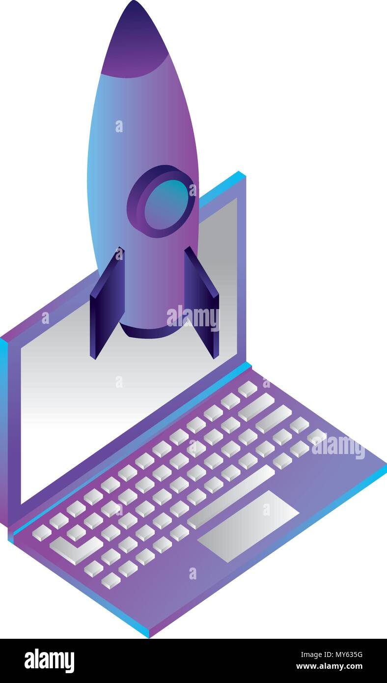 laptop computer with rocket isometric icon vector illustration design ...
