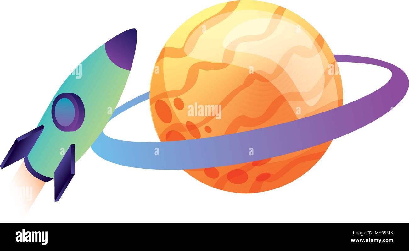rocket flying with saturn planet isometric vector illustration design Stock Vector