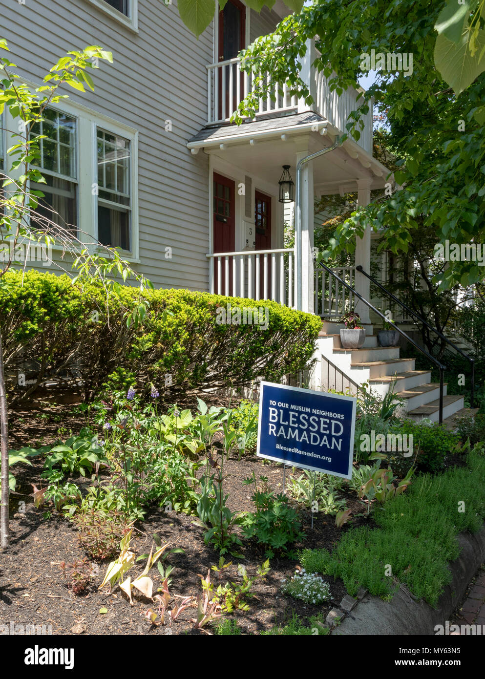 sign To Our Muslim Neighbors Blessed Ramadan, House on Maple Avenue, Cambridge, Massachusetts , USA Stock Photo