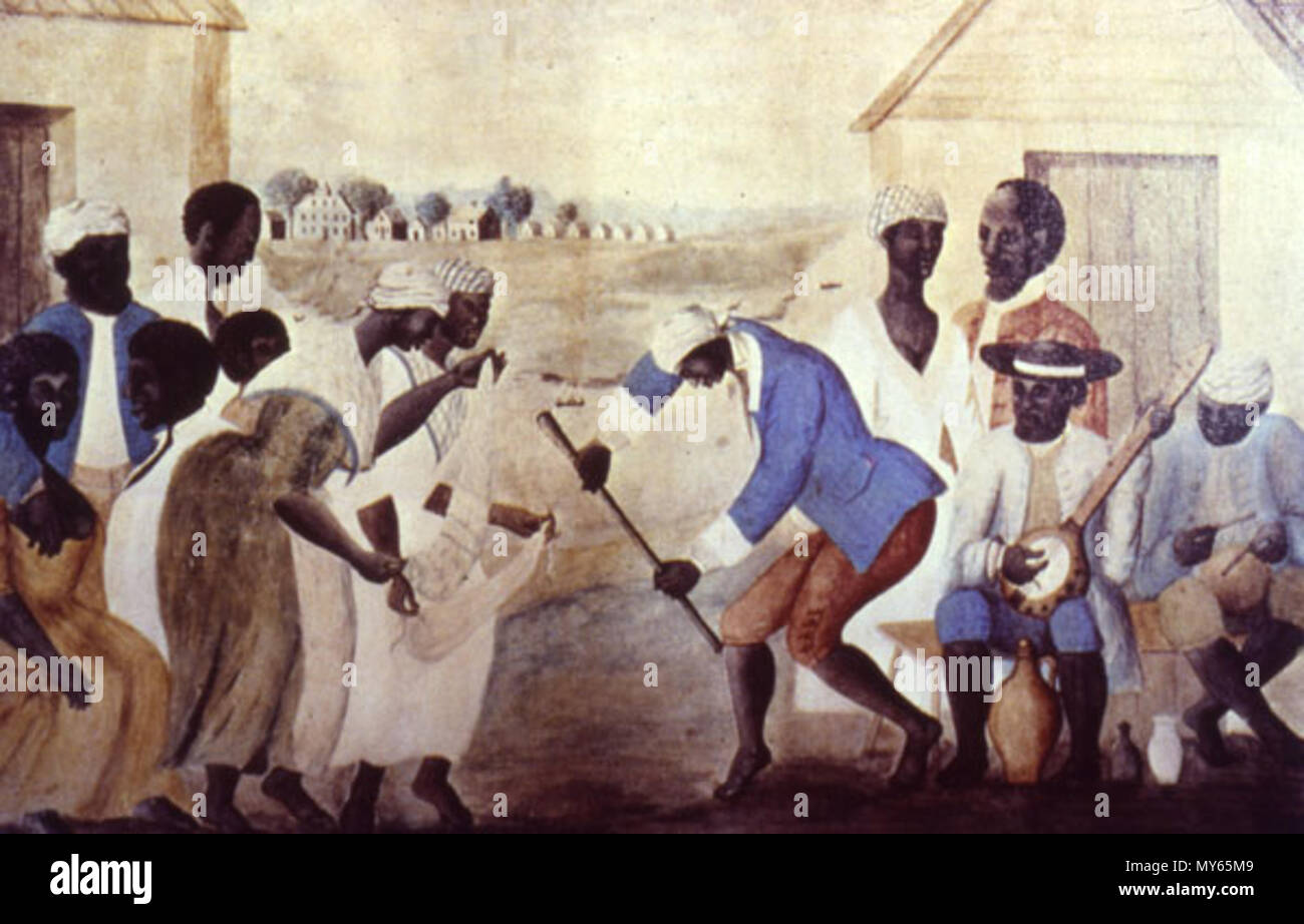 . 'The Old Plantation,' South Carolina, about 1790. This famous painting shows Gullah slaves dancing and playing musical instruments derived from Africa. Scholars unaware of the Sierra Leone slave trade connection have interpreted the two female figures as performing a 'scarf' dance. Sierra Leoneans can easily recognize that they are playing the shegureh, a women's instrument (rattle) characteristic of the Mende and neighboring tribes. circa 1790. Unknown 222 Gullah s carolina 1790 Stock Photo
