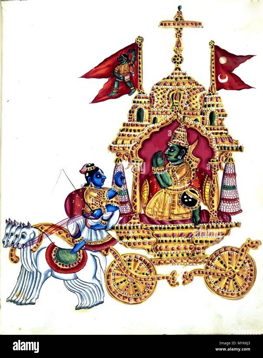 . English: 'Gouache painting on paper, part of an album of seventy paintings of Indian deities. Arjuna, dressed in courtly costume with a quiver slung over his shoulder and sword and buckler at his side, folds his hands in anjali mudra and kneels before his charioteer, Kṛṣṇa. The god sits holding the horses’ bridles, with his right hand raised in the teaching gesture, jnana mudra. Their conveyance is drawn by four horses, and its roof is surmounted by a chhattra. At its sides are two flags – one with the standard bearing Arjuna’s emblem, the Hanuman flag and the Flag of Nepal . circa 1830. Unk Stock Photo