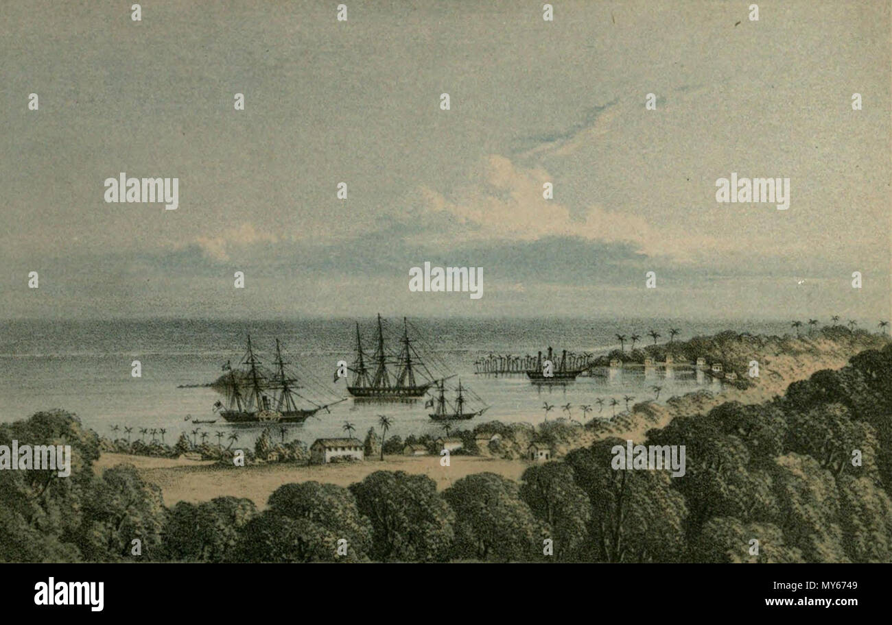 . English: The Harbour of Papeeti, Tahiti, taken from the Hill at the back of the Town of Papeeti. Shows H.M.S. Salamander anchored in the Harbour [1]. 1851. W. Wiles, artist M. & N. Hanhart, lithographer 520 The Harbour of Papeeti, Tahiti, taken from the Hill at the back of the Town of Papeeti Stock Photo