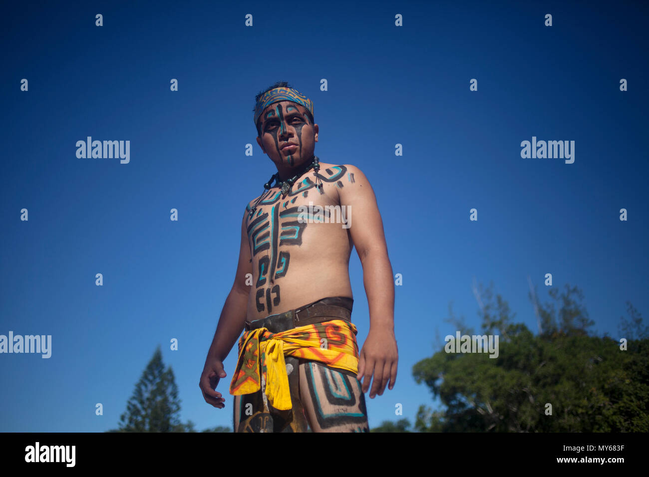 A Mayan Ball Player from Chapab team poses at the first ¬Pok Ta Pok¬ ritual Mayan ball game World Cup in Piste, Tinum, Yucatan, Mexico, September 19,  Stock Photo