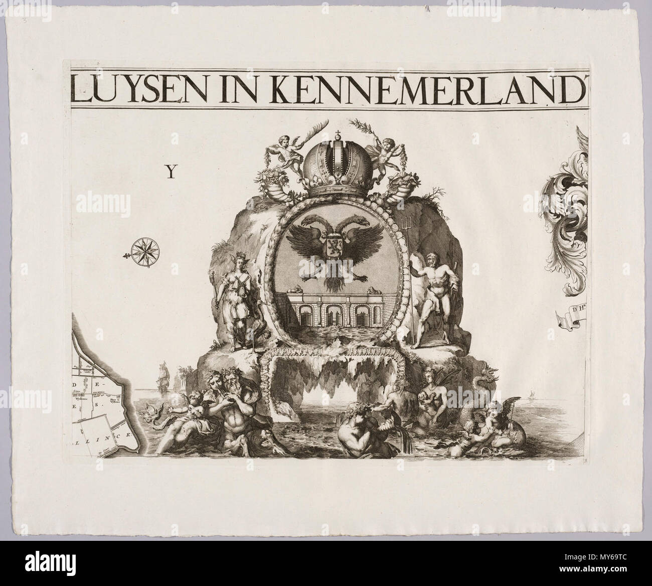 Hoogheemraadschap van de Uitwaterende Sluizen in Kennemerland en West-Friesland 1745. 16-bladige kaart van 't Hoogh-heemraetschap vande Uijtwaterende Sluysenin Kennemerland ende West-Vrieslandt. Bovanaan v.l.n.r. de wapens van Dhr. Cornelis van Eyck Dijkgraaf, Dhr. Claas Swaan Hoogh-heemraad, Dhr. Gerard Stuylingh Hoogh-heemraad, Dhr. Dirk Sevenhuysen Hoogh-heemraad, Gerbrand Crol Hoogh-heemraad, Dhr. mr. Johan Baert Rentmeester ende Secretaris. In het midden het wapen van het Hoogheemraadschap v.d. Uitwaterende sluizen omgeven door een allegorische voorstelling die de taak van het Hoogheemraa Stock Photo