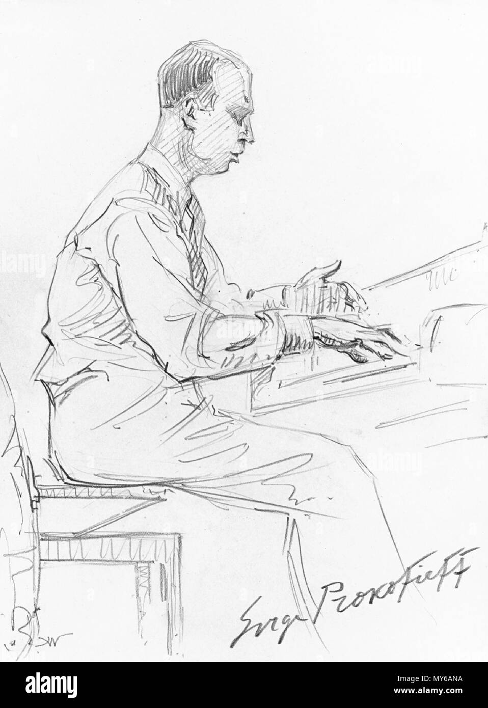 . English: Sergei Prokofiev playing his 3d Piano Concerto with the Orchestre Symphonique de Brussel under Désiré Defauw pencil on paper 22.8 x 16.9 cm signed l.l.: HW signed by performer l.r.: Serge Prokofieff February 1936 Palais de Beaux-Arts, Brussel  . February 1936. Hilda Wiener (1877-1940) 482 Sergei Prokofiev by Hilda Wiener Stock Photo