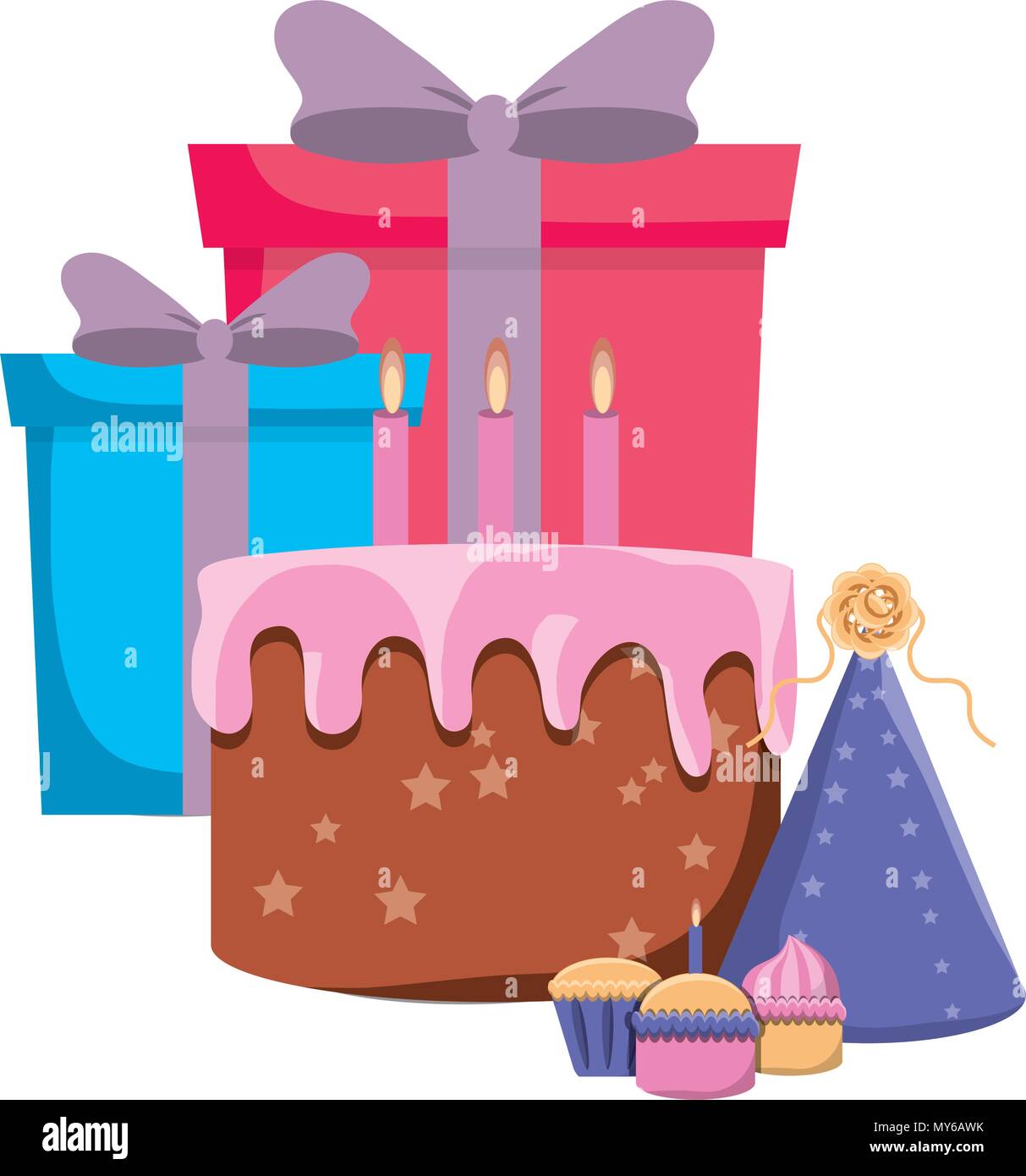 Gift boxes and birthday cake over white background, vector illustration ...