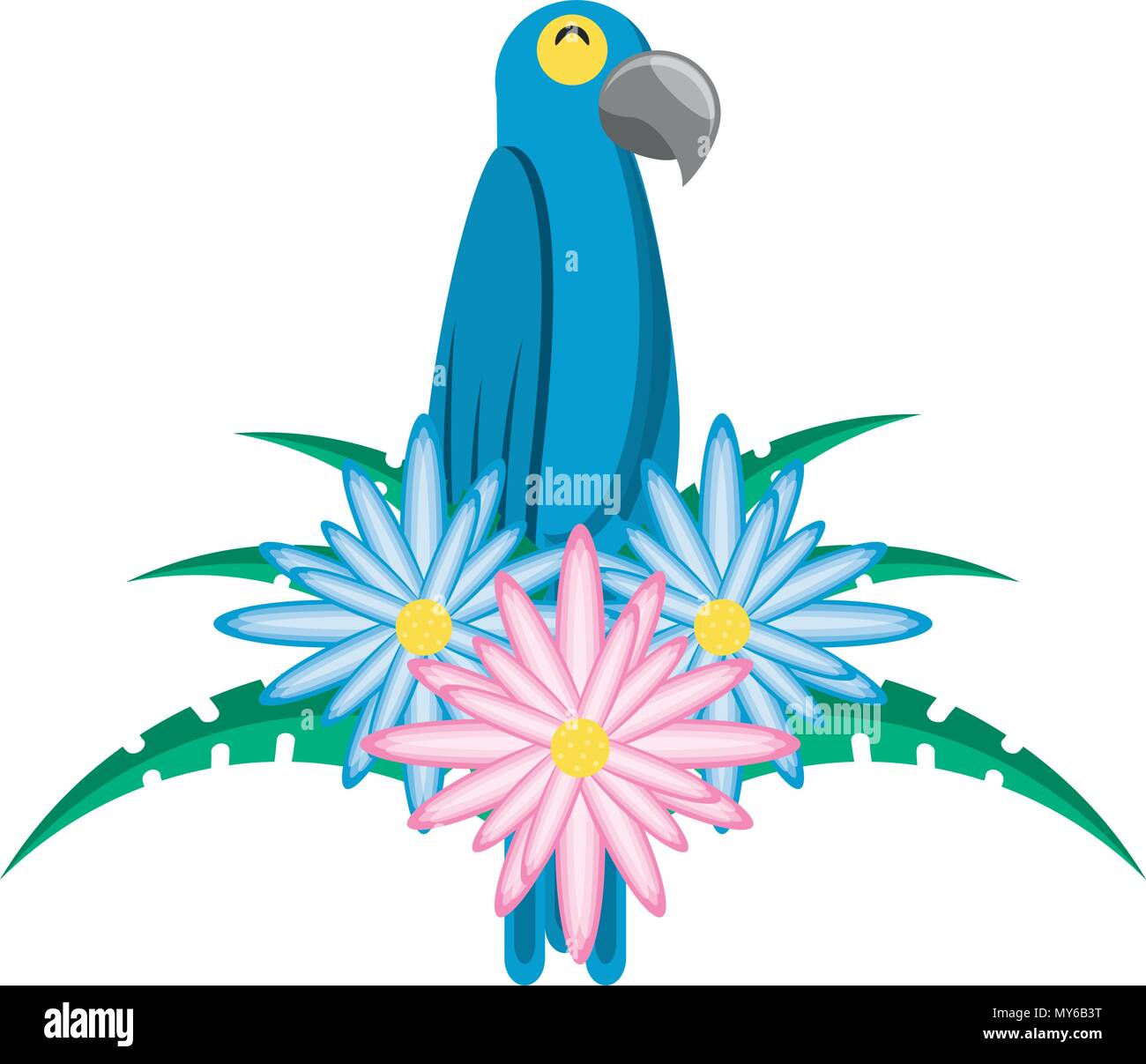 macaw bird and decorative flowers over white background, vector illustration Stock Vector