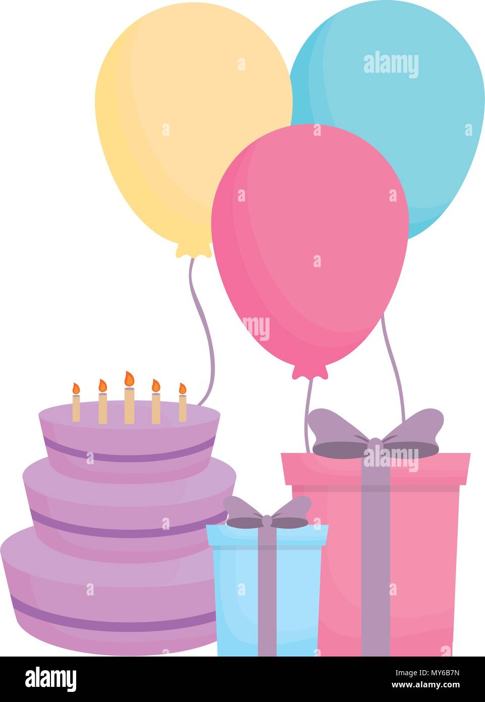 Birthday cake with gift box and decorative balloons over white ...