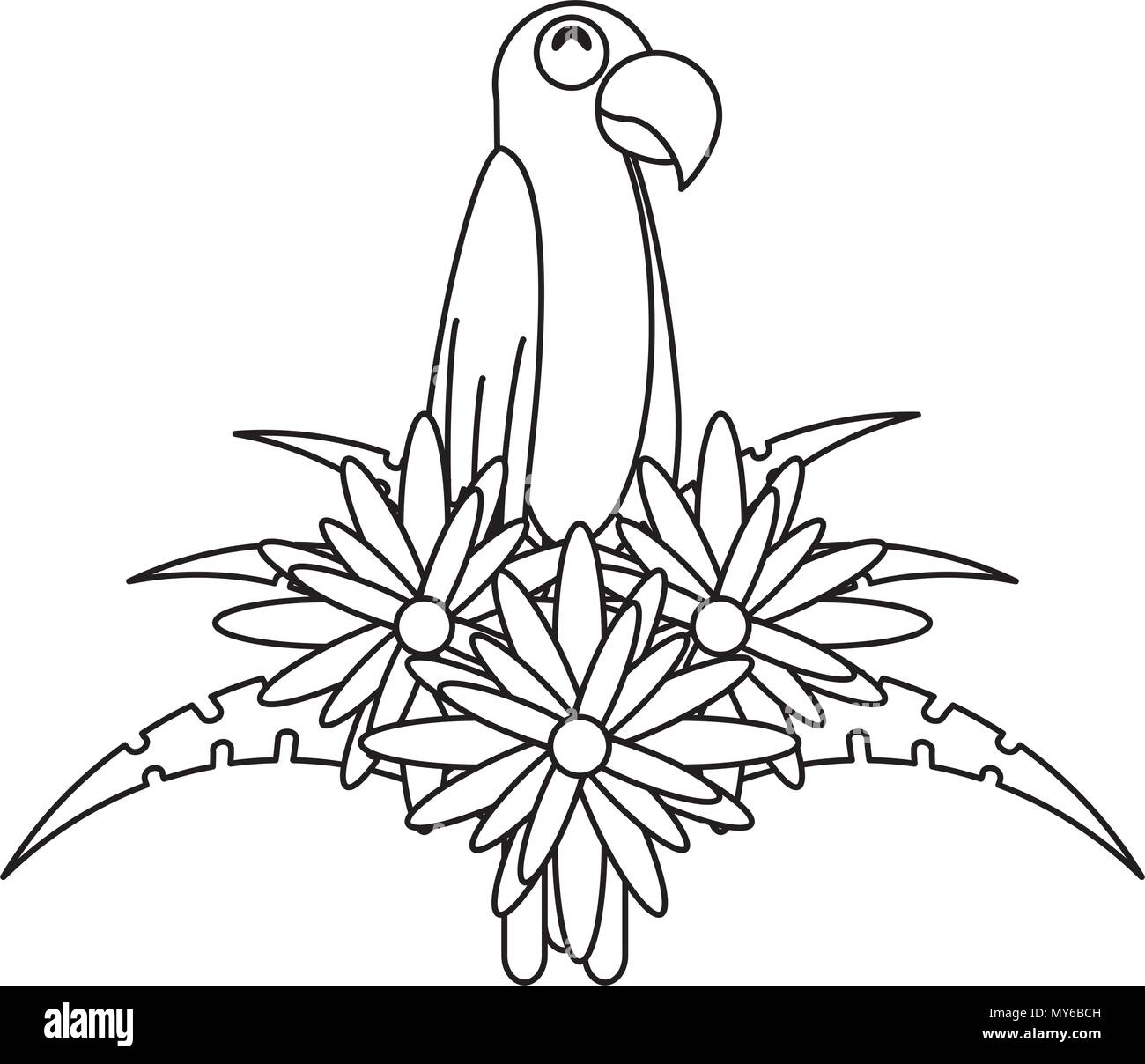 macaw bird and decorative flowers over white background, vector illustration Stock Vector