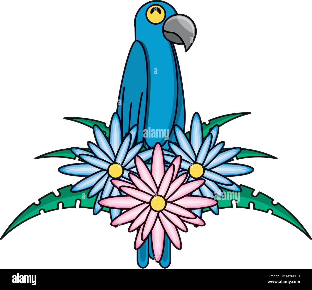 macaw bird and decorative flowers over white background, vector illustration Stock Vector