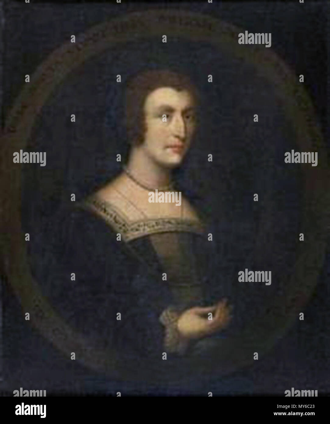 . English: Janet Stewart, Lady Fleming (1502-1562), illegitimate daughter of James IV of Scotland, mistress to Henry II of France, portrait by George Jamesone (signed, oil on canvas, feigned oval 86cm x 74cm (34in x 29in) . 7 February 2012. George Jamesone (ca. 1587-1644) 311 Lady Janet Stewart by George Jamesone Stock Photo