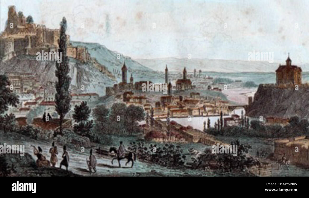 . English: View of Tiflis. Original steel engraving. Lemaitre direxit. Hand watercolored. 1838 . 28 March 2012. Lemaitre 551 View of Tiflis (1838) Stock Photo