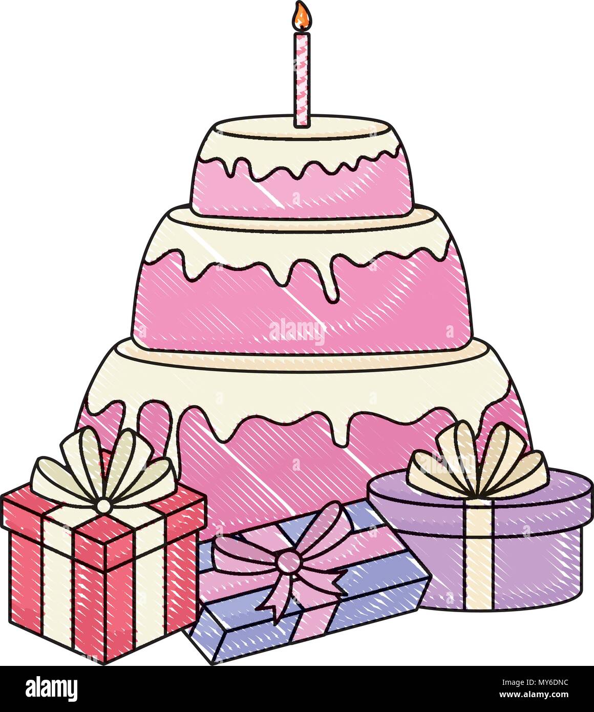 Happy birthday design with birthday cake and gift boxes over white ...