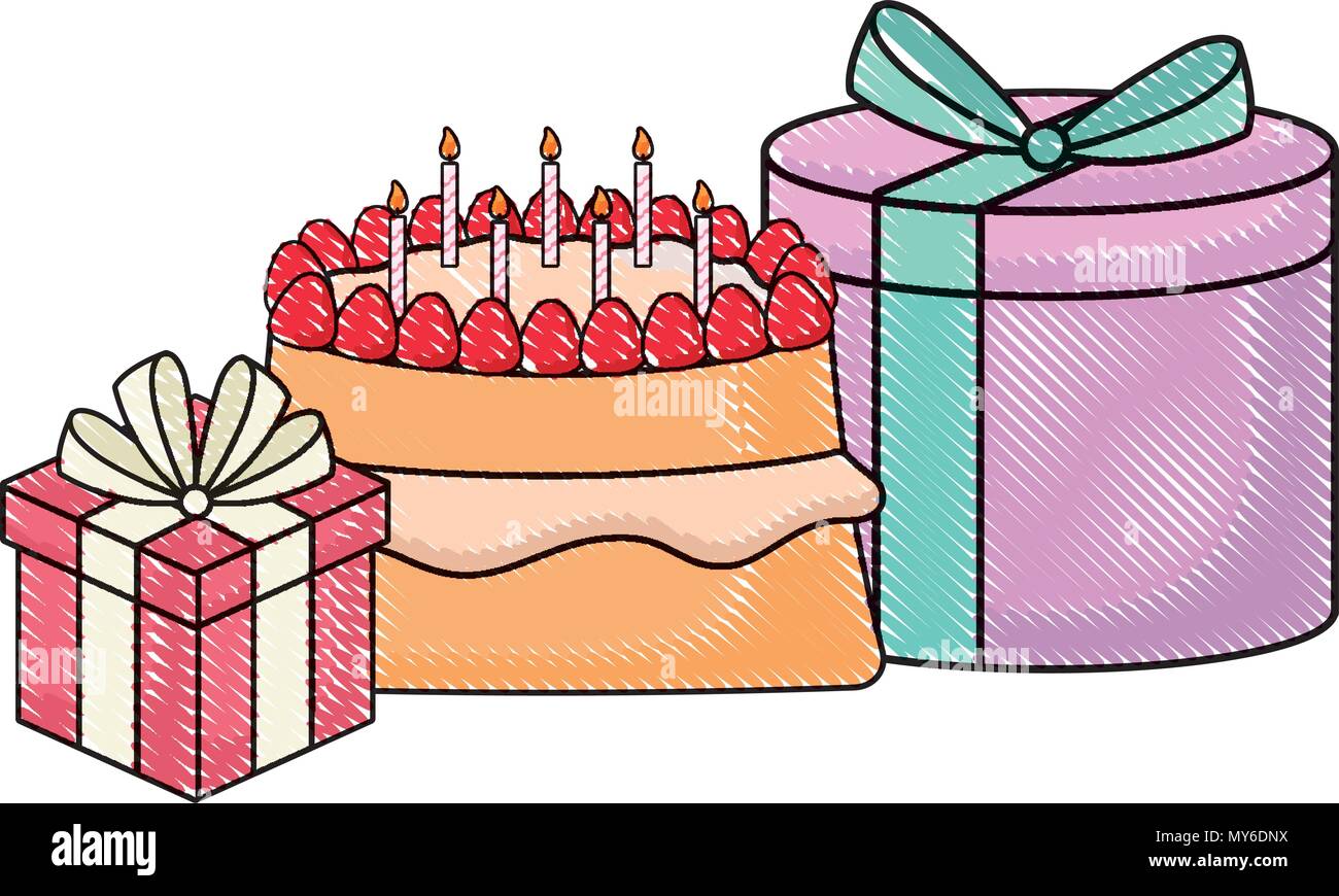 Happy birthday design with birthday cake and gift boxes over white ...