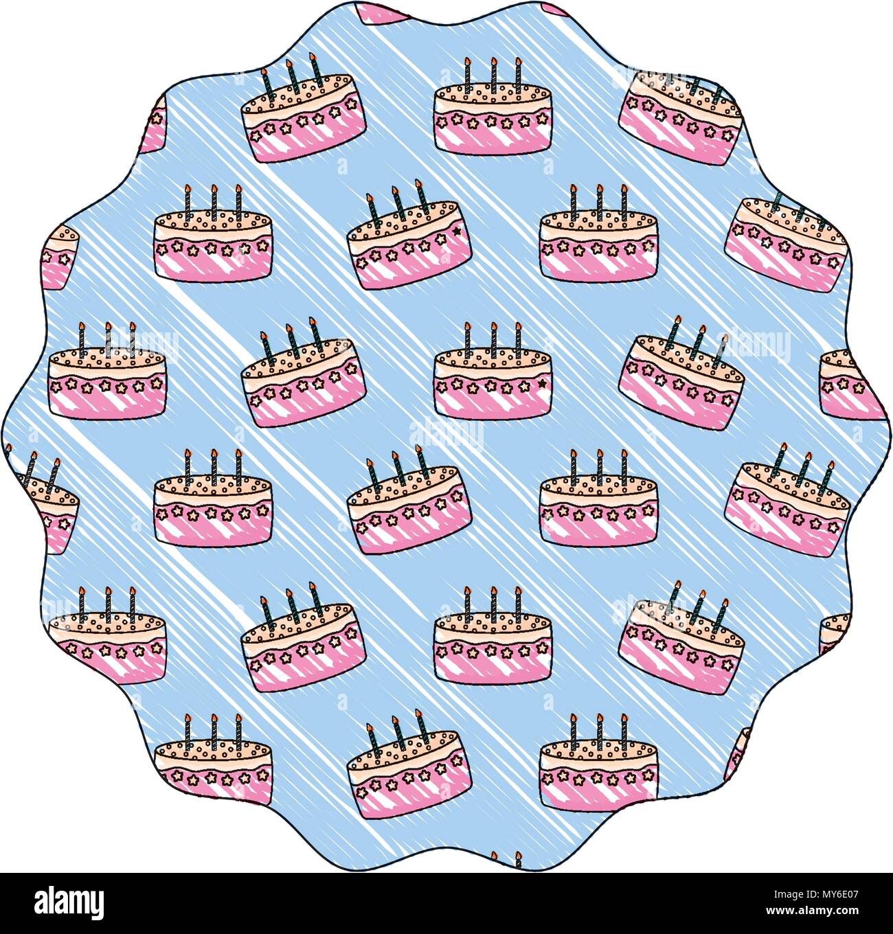circular frame with Birthday cake pattern over white background, vector ...