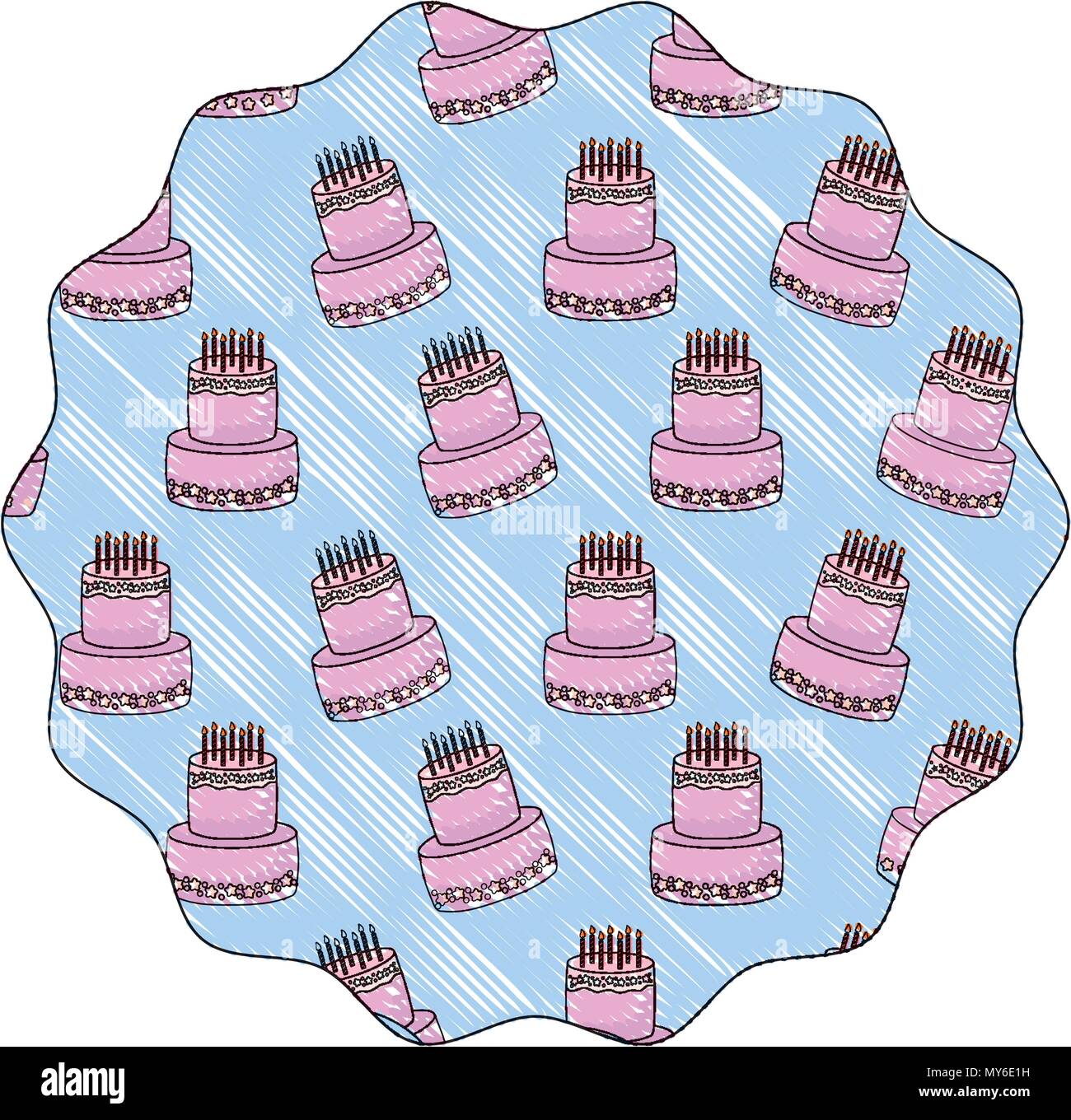 circular frame with birthday cake pattern over white background, vector ...