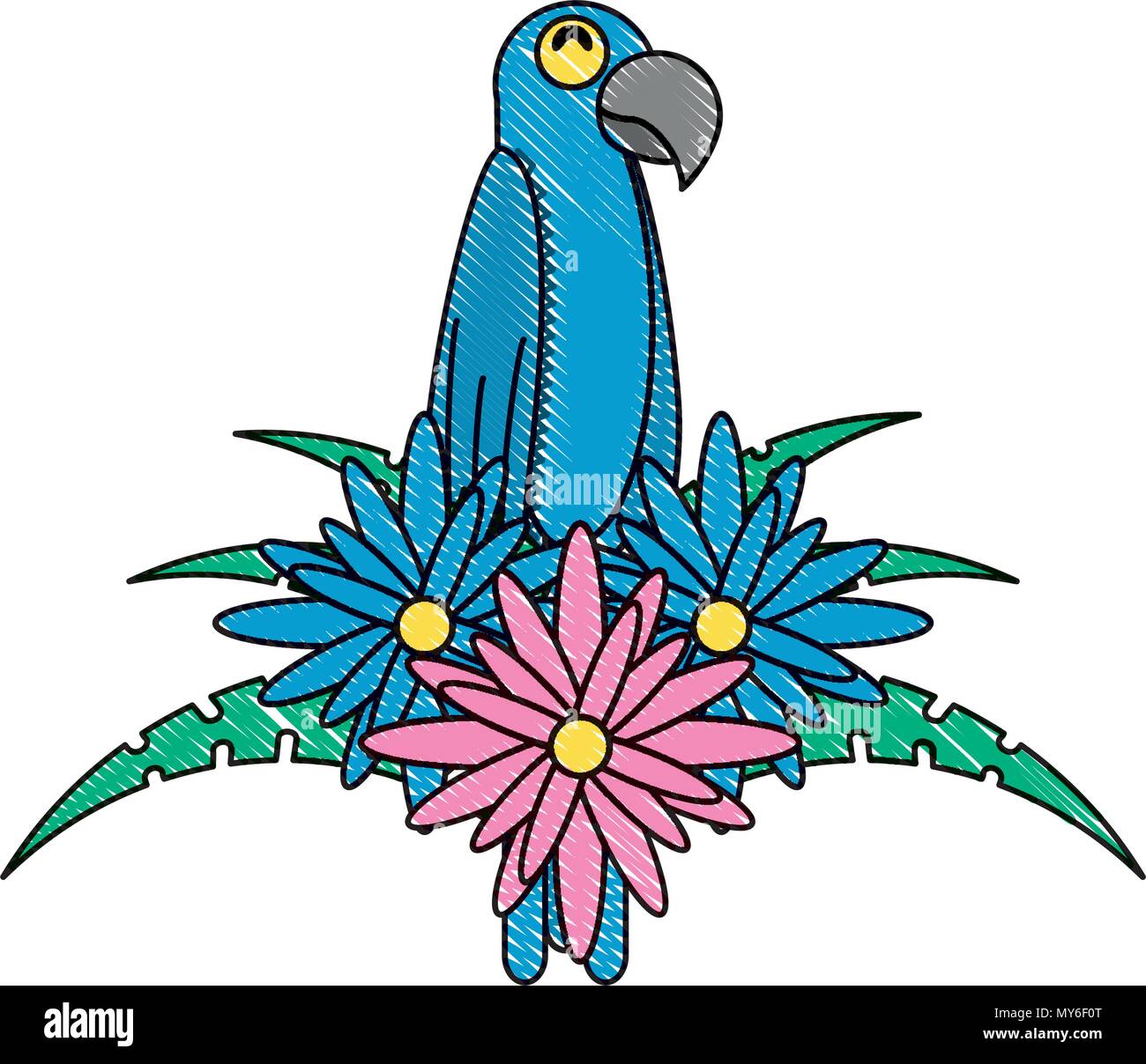 macaw bird and decorative flowers over white background, vector illustration Stock Vector